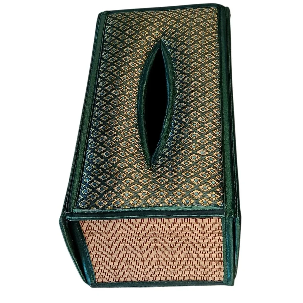 Handmade Woven Reed Tissue Box Holder Blue Green Brown Gold Rectangle Bohemian